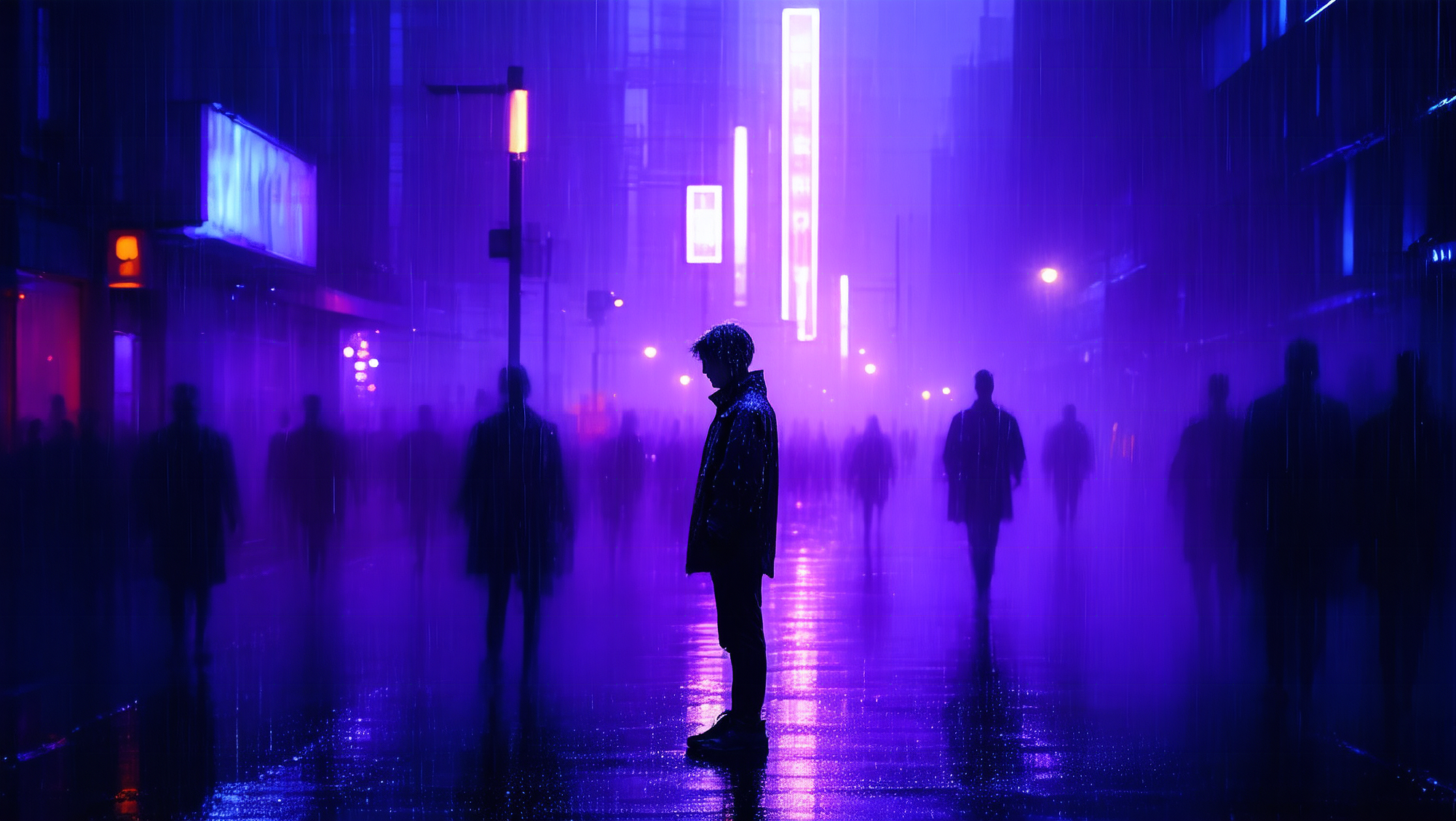 solitary figure stands on a quiet city street at dusk, surrounded by blurred silhouettes of passing strangers