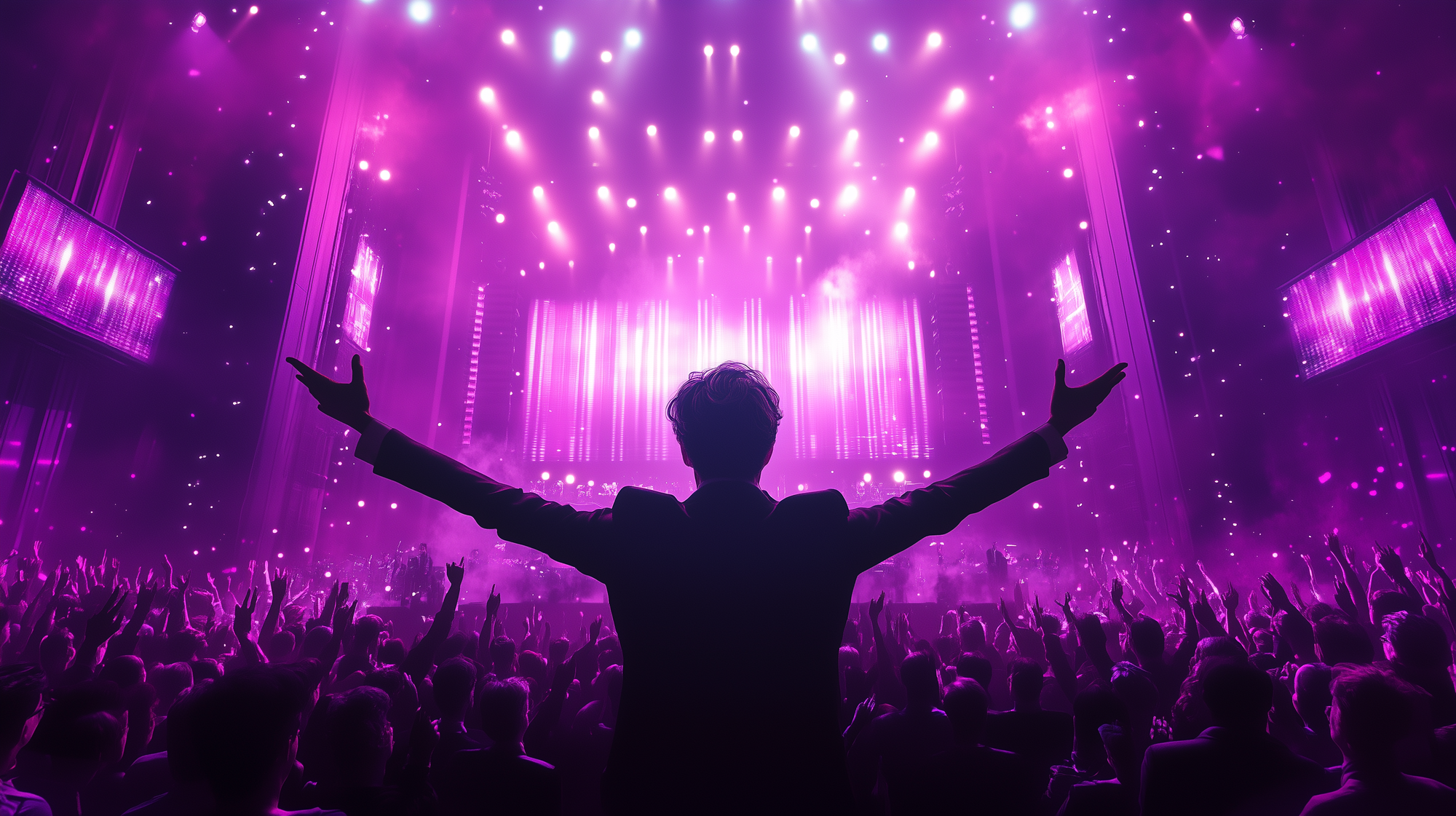 man standing in the crowd with high energy as the crowd cheers on while looking at the digital displays