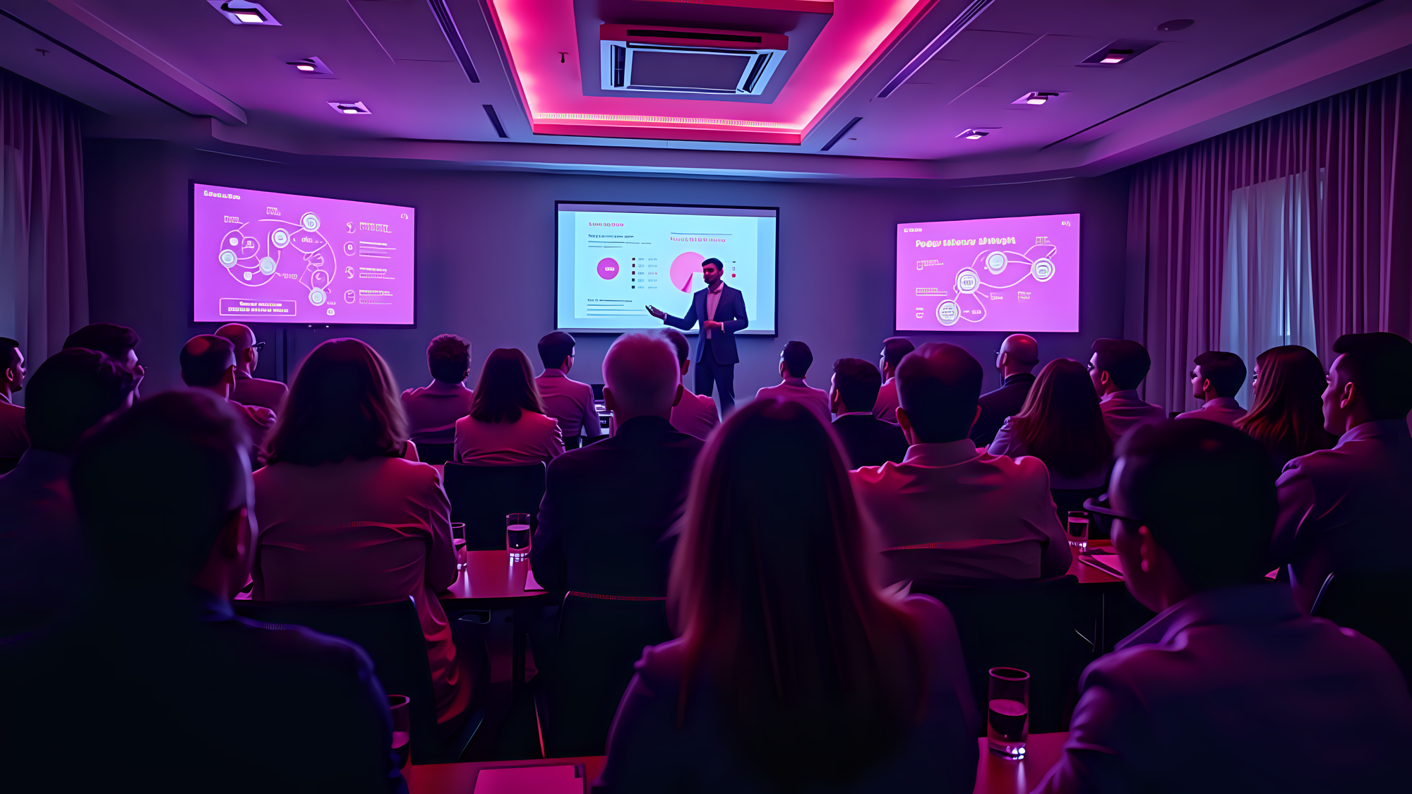 people sitting in a hotel conference room, engaged in deep discussion, with an experienced trainer