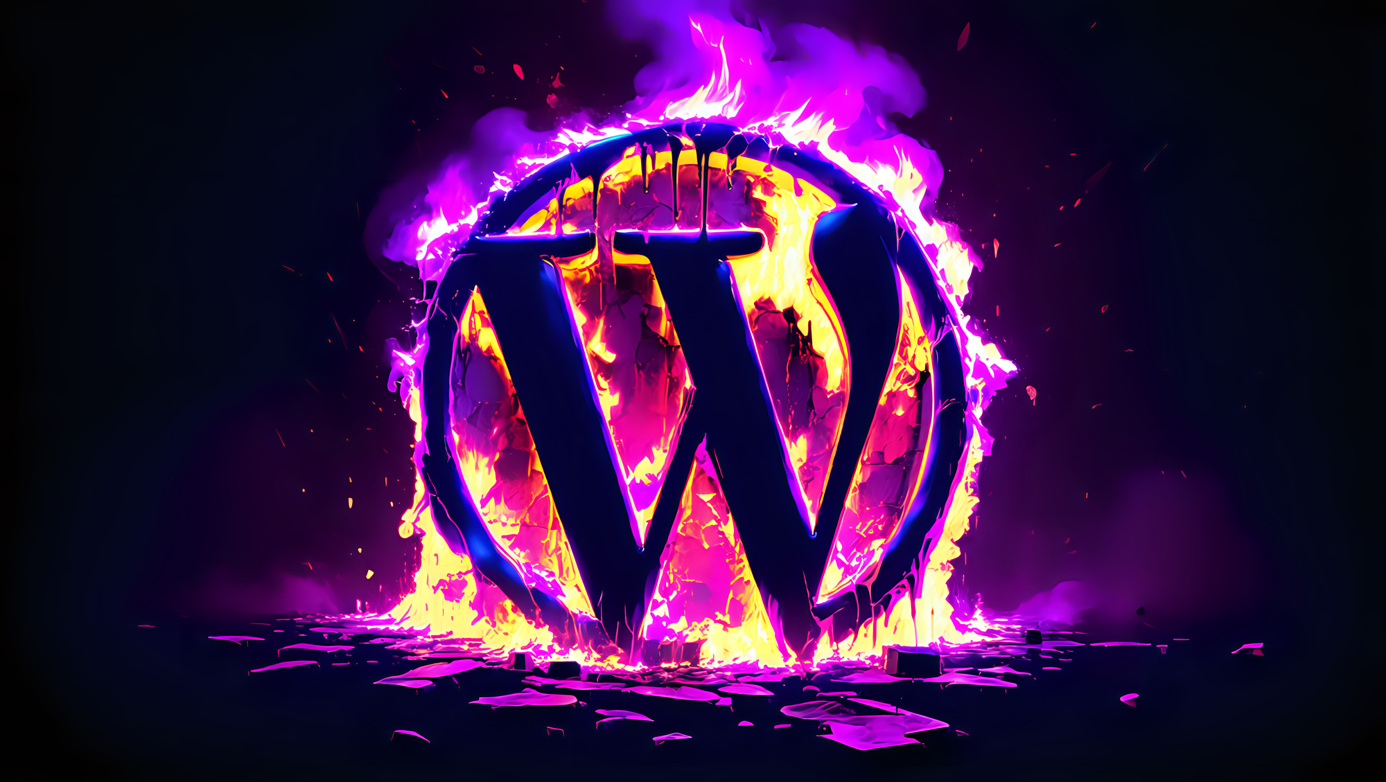 wordpress logo consumed in fire and falling a part