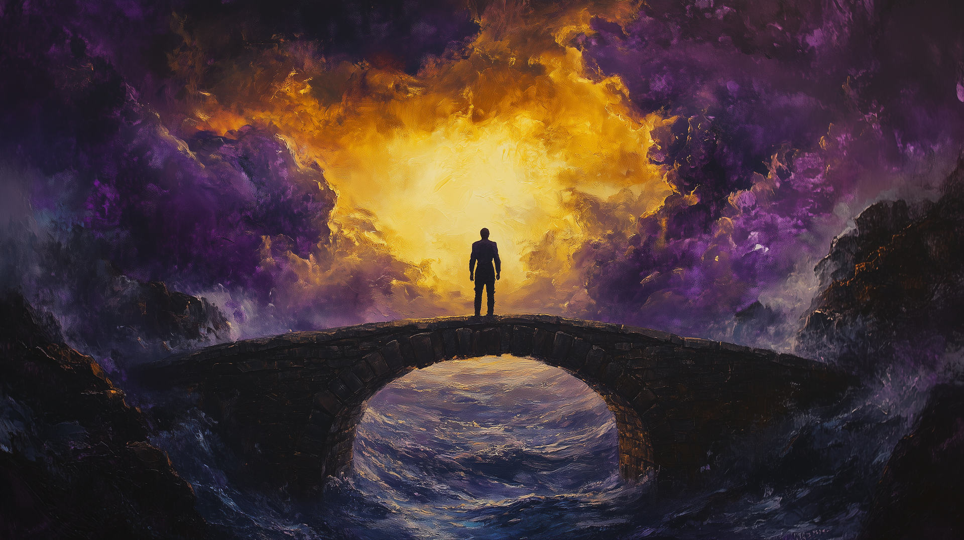  lone figure stands at the edge of an ancient stone bridge over a dark, swirling river, symbolizing the Rubicon