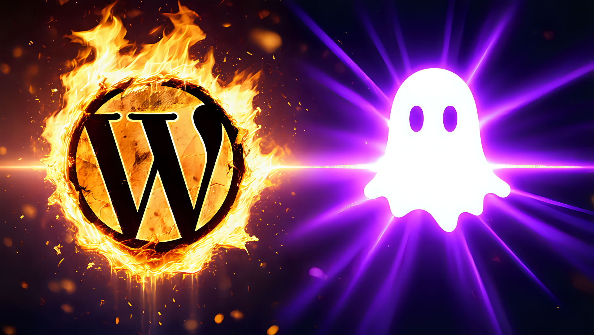 left is a melting wordpress logo. right is a bright and shining ghost logo