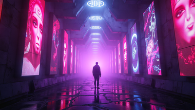 futuristic cyberpunk-inspired battlefield set within a massive underground art gallery resembling deviantART